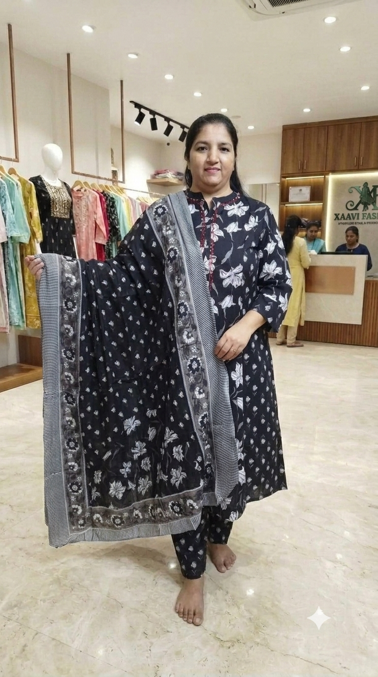 Large Bloom Black Cotton Kurta & Pant Set with Collared Neck
