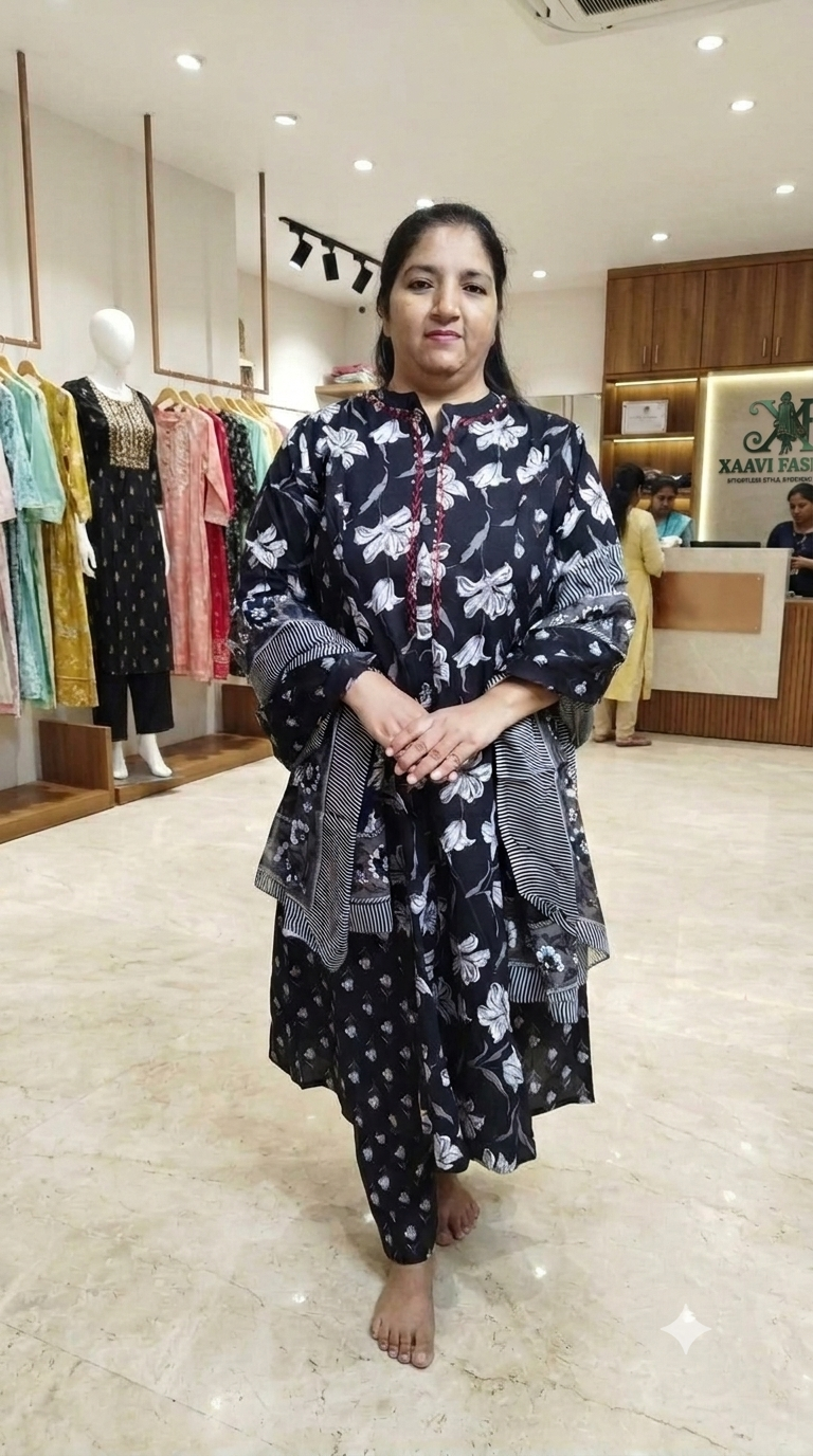 Large Bloom Black Cotton Kurta & Pant Set with Collared Neck