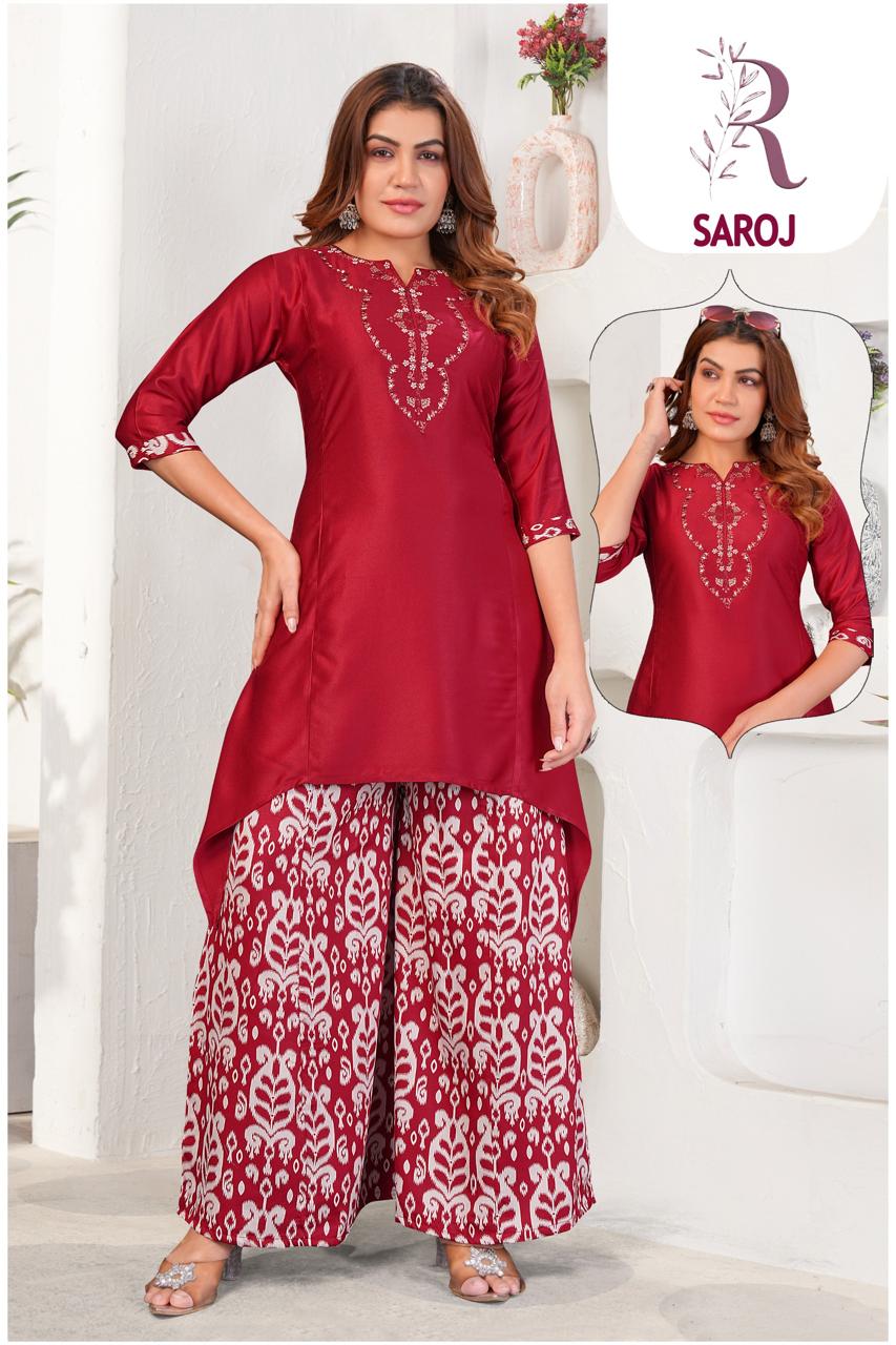 Gaji Silk Embroidery Work C-Cut Printed Palazzo Set for Women