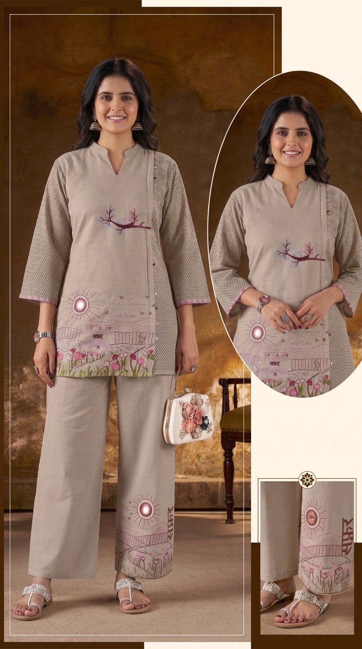Elegant Grey Cotton Embroidery Work Cord Set for Women