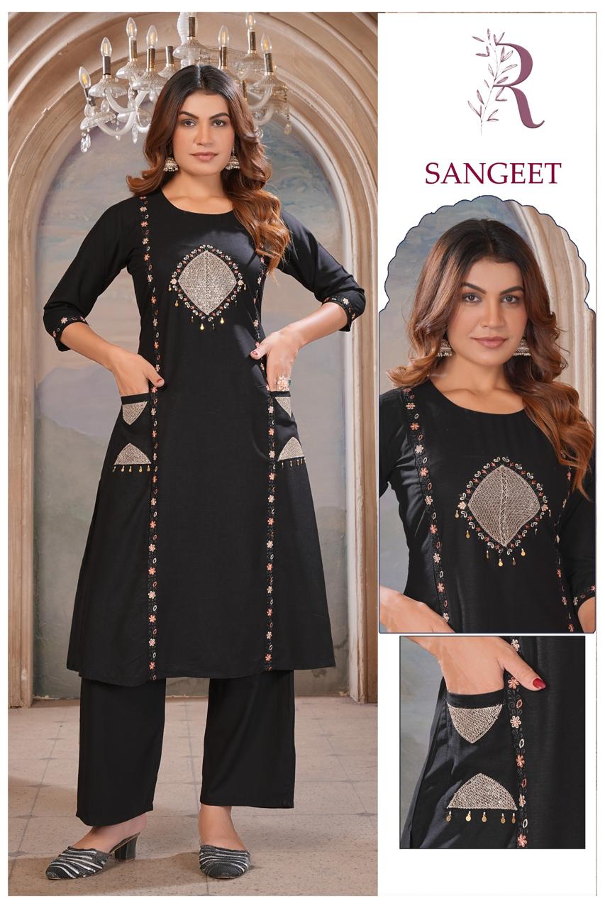Front view of black A-line cotton kurta featuring a round neck, 3/4 sleeves, and intricate embroidery on the front yoke with functional side pockets.