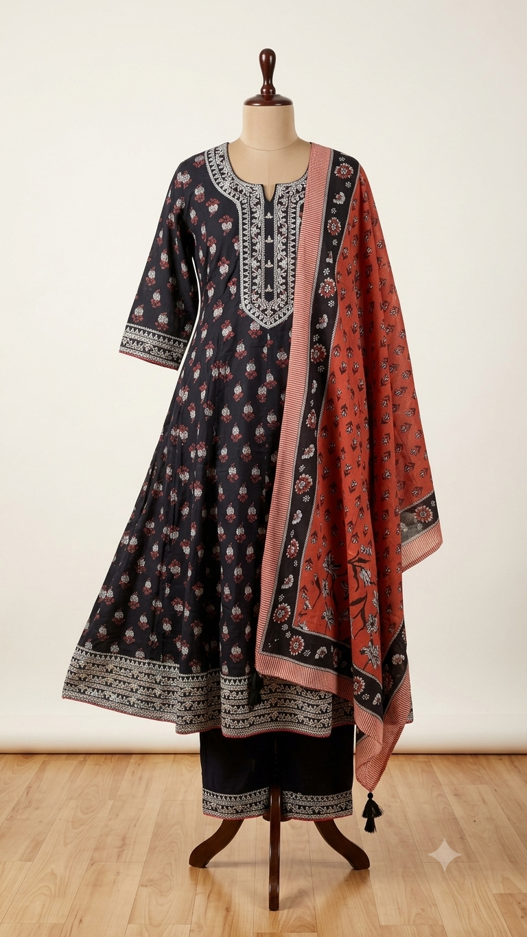 Women's black cotton kurti with sequin and embroidery detailing