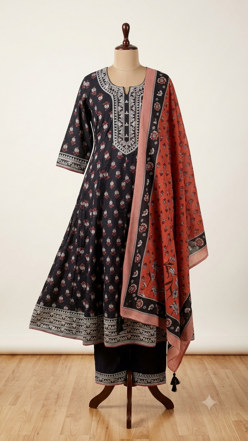 Women's black cotton kurti with sequin and embroidery detailing